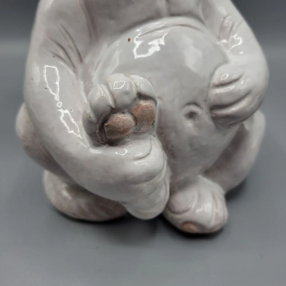 Vintage Whimsical Laughing Cat Figurine Made In Italy Redware Pottery Blue Eyes